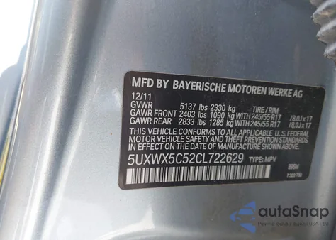 2012 BMW X3 xDrive28I z USA, uszkodzony, nr VIN 5UXWX5C52CL722629